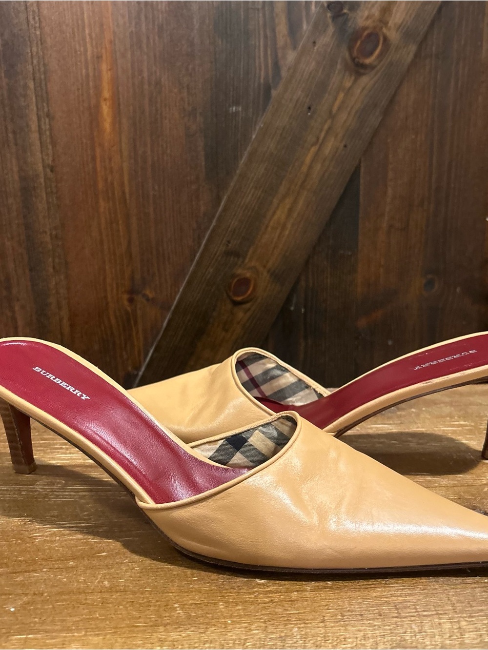 Burberry Beige Leather Pointed Mules with Red Insole